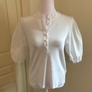 J. Crew White Rib Knit Button-Front Pullover with Woven Cotton Puff Sleeves